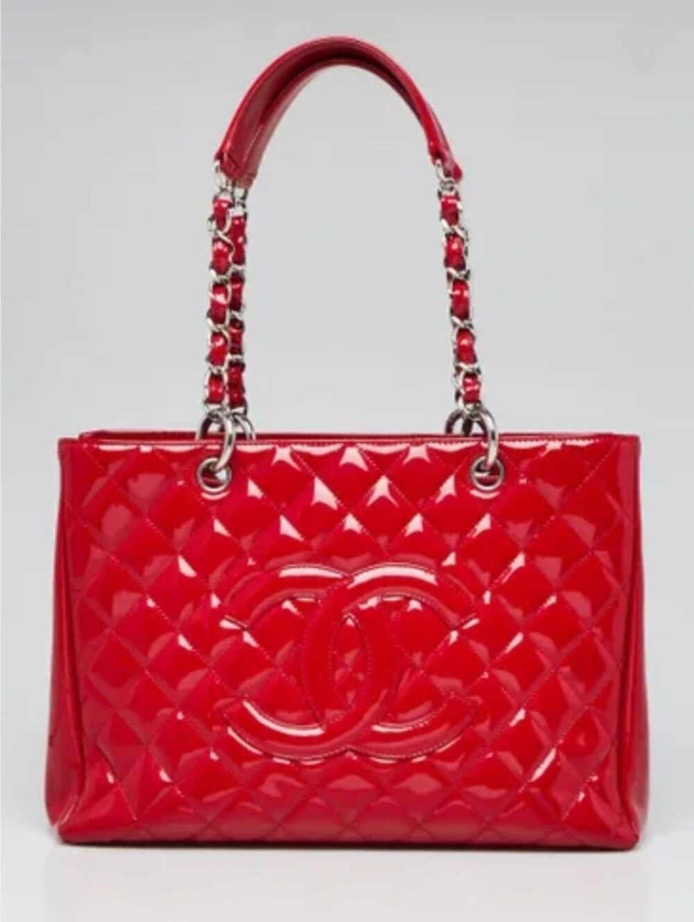 Chanel Red Quilted Patent Leather Grand Shopping Tote Bag